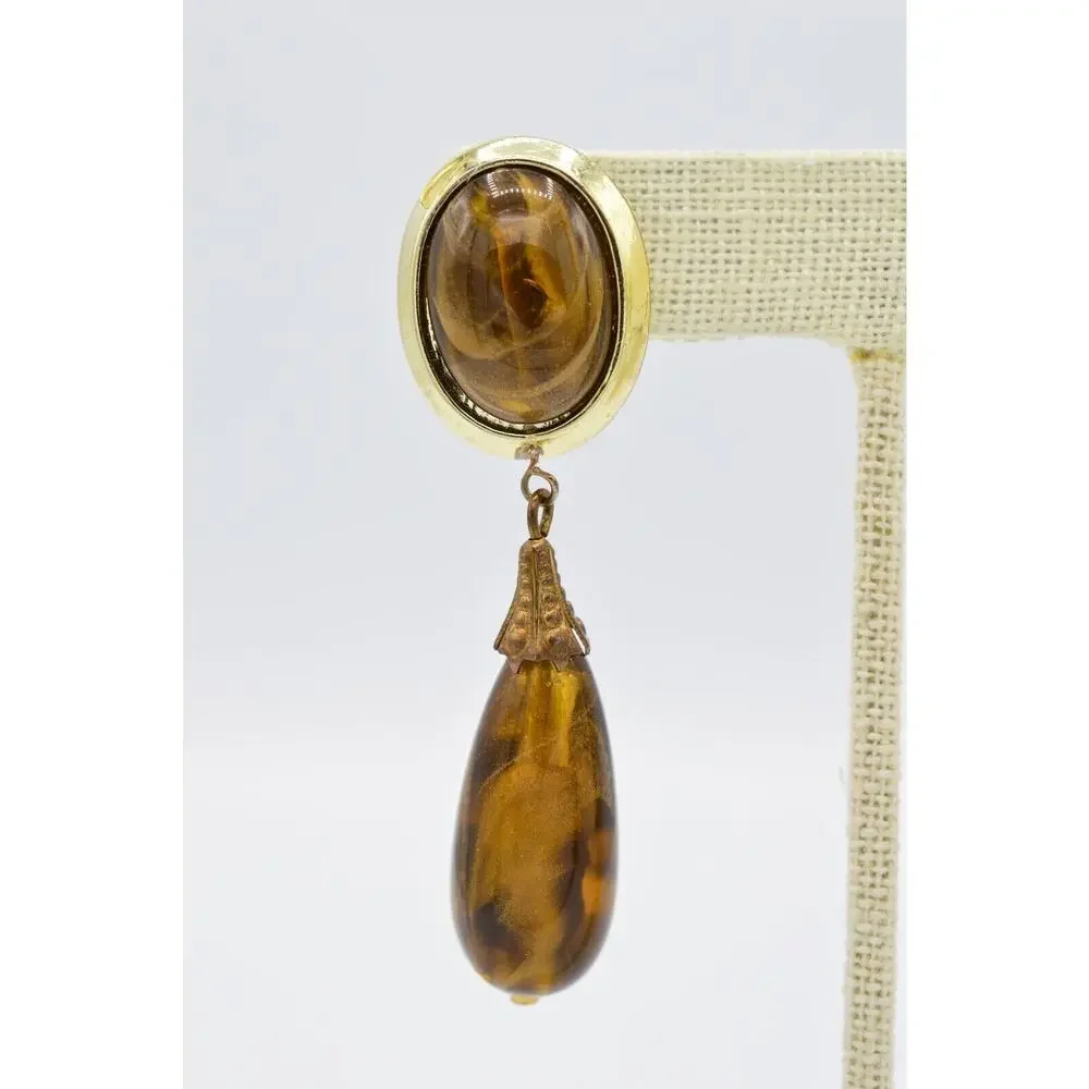 Vintage Dangle Earrings Lucite Marbled Brown Tortoise Chunky 1980s 9L